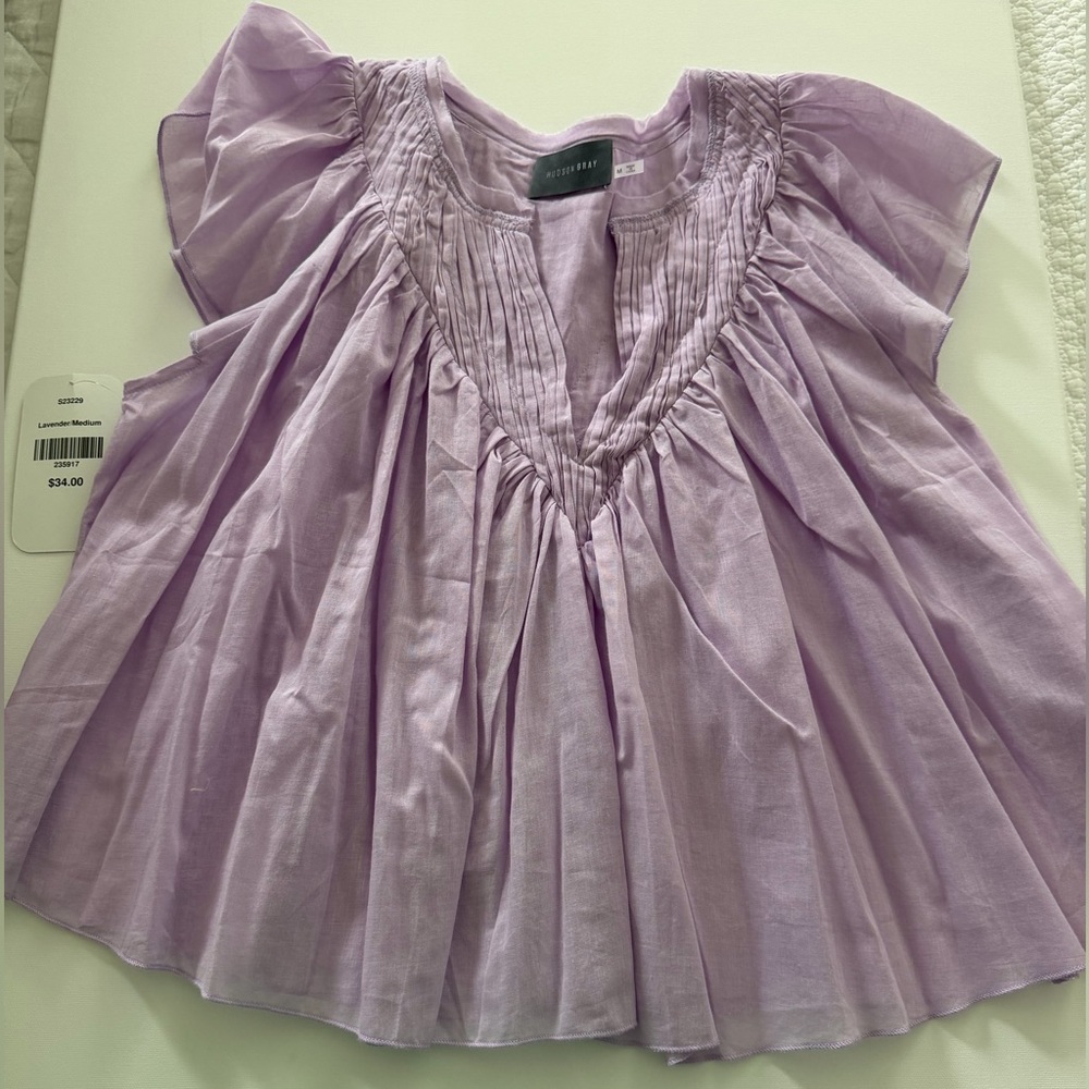 Lavender Pintuck Flutter-Sleeve Top by Hudson Gray